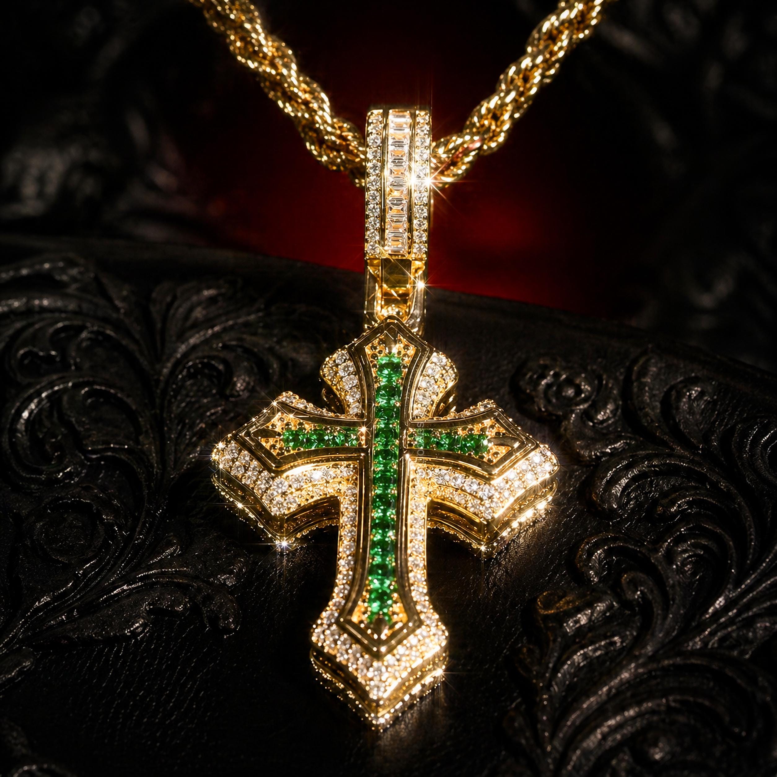 Gold Plated Stainless Steel Green CZ Cross Pendant Necklace, Hip Hop Gothic Jewelry