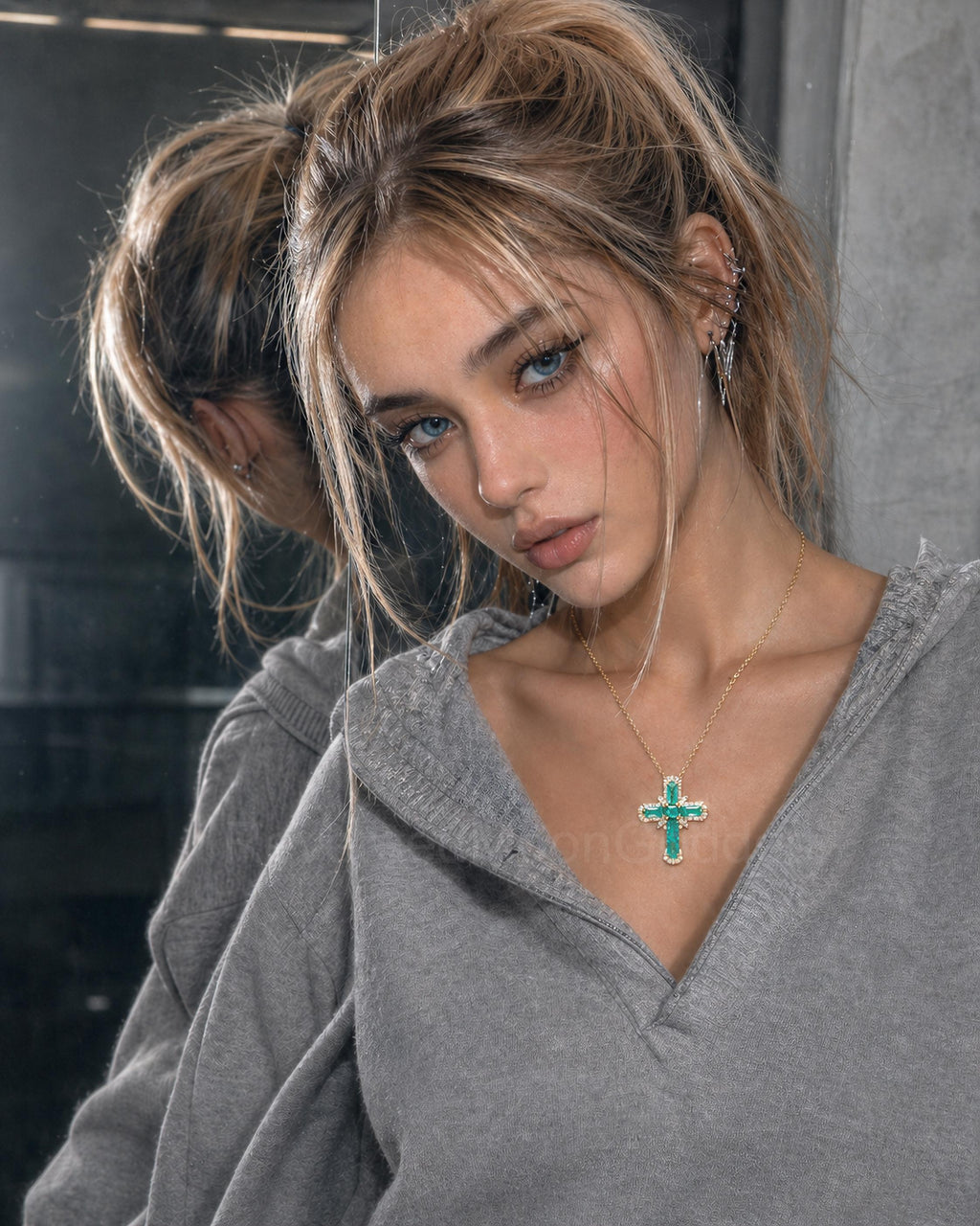 Paraiba Color Cross Necklace, Gold Plated Aqua CZ Pendant, Pavé CZ Gothic Jewelry