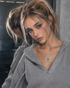 Paraiba Color Cross Necklace, Gold Plated Aqua CZ Pendant, Pavé CZ Gothic Jewelry
