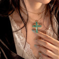 Paraiba Color Cross Necklace, Gold Plated Aqua CZ Pendant, Pavé CZ Gothic Jewelry