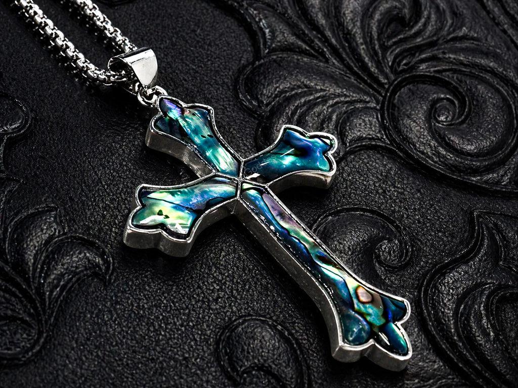 Sea Witch Cross Necklace, Abalone Shell Gothic Pendant, Dark Ocean Jewelry, Mermaid Goth Necklace, Handmade Style Gift