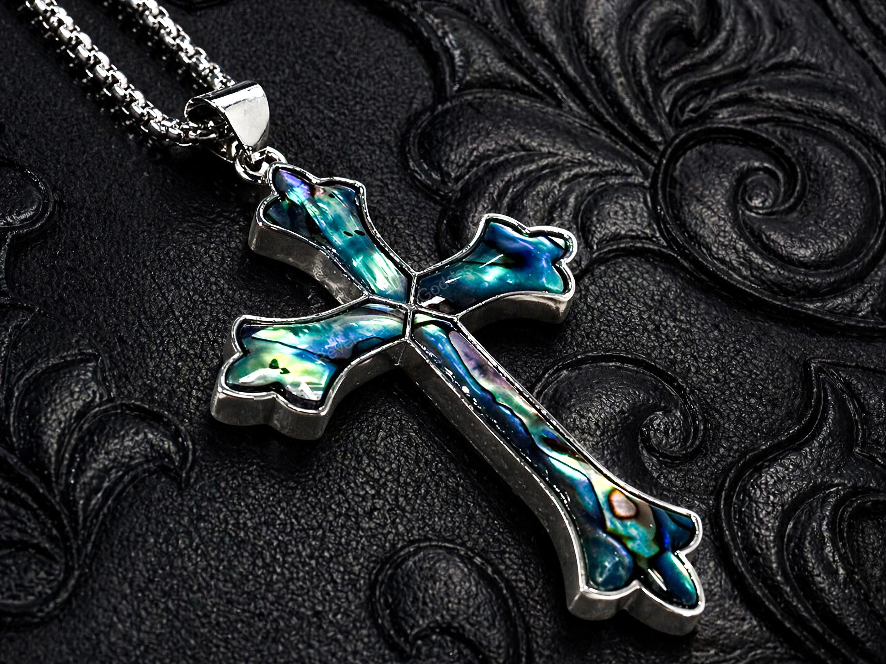 Sea Witch Cross Necklace, Abalone Shell Gothic Pendant, Dark Ocean Jewelry, Mermaid Goth Necklace, Handmade Style Gift