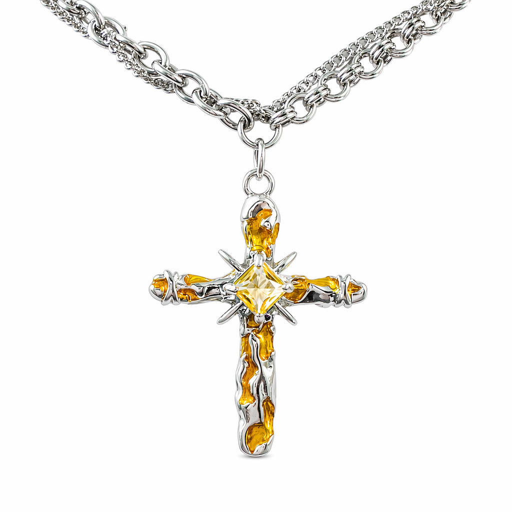 Yellow CZ Enamel Cross Necklace, Stainless Steel Gothic Y2K Pendant