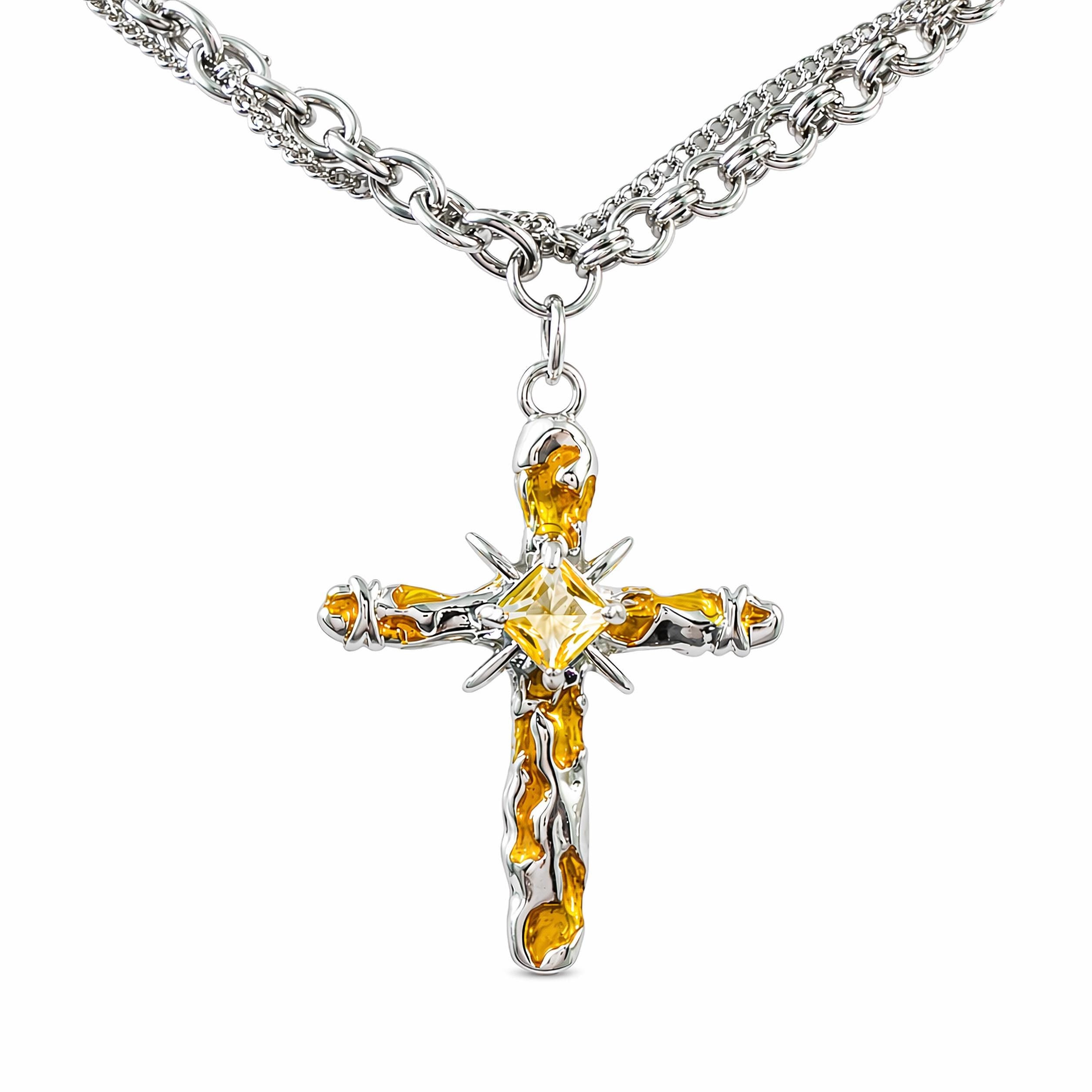 Yellow CZ Enamel Cross Necklace, Stainless Steel Gothic Y2K Pendant