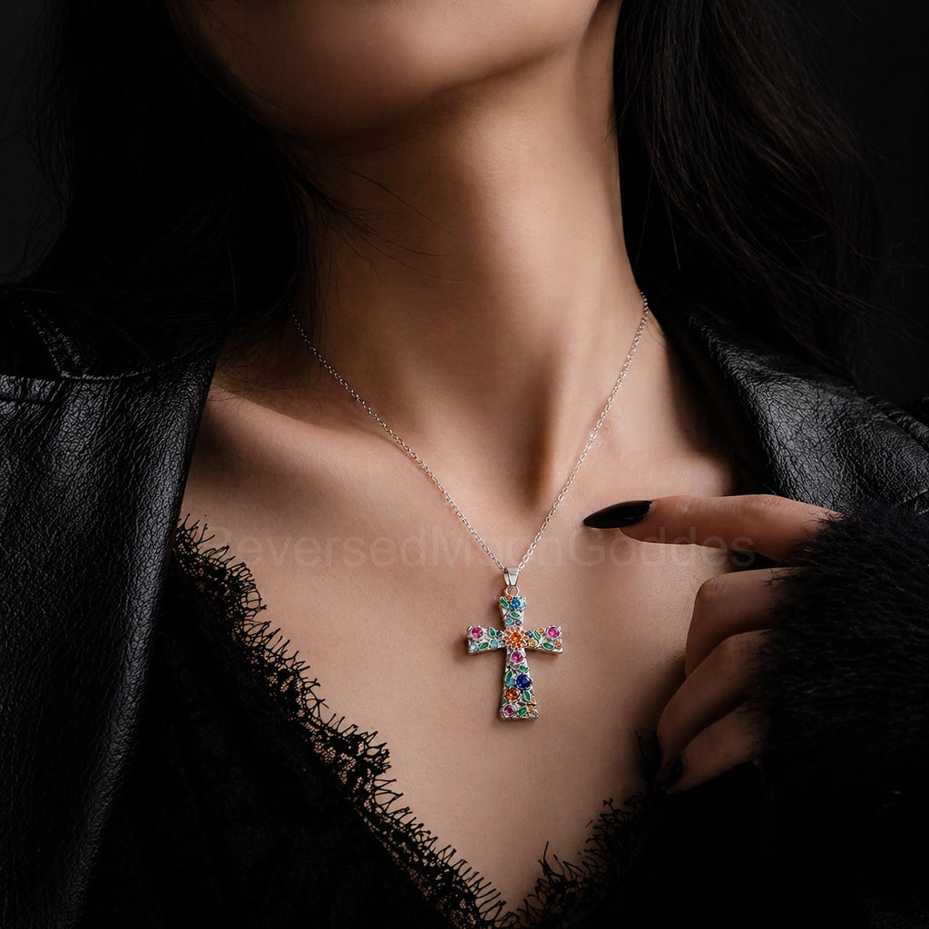 Enamel Floral Cross Necklace, Stainless Steel Garden Pendant, Colorful CZ Accents