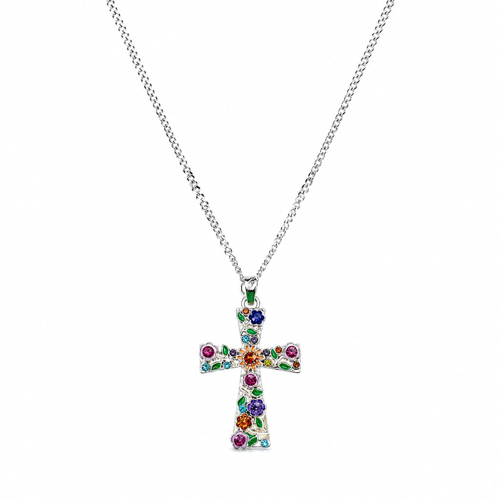 Enamel Floral Cross Necklace, Stainless Steel Garden Pendant, Colorful CZ Accents