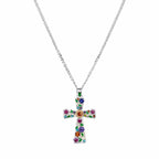 Enamel Floral Cross Necklace, Stainless Steel Garden Pendant, Colorful CZ Accents