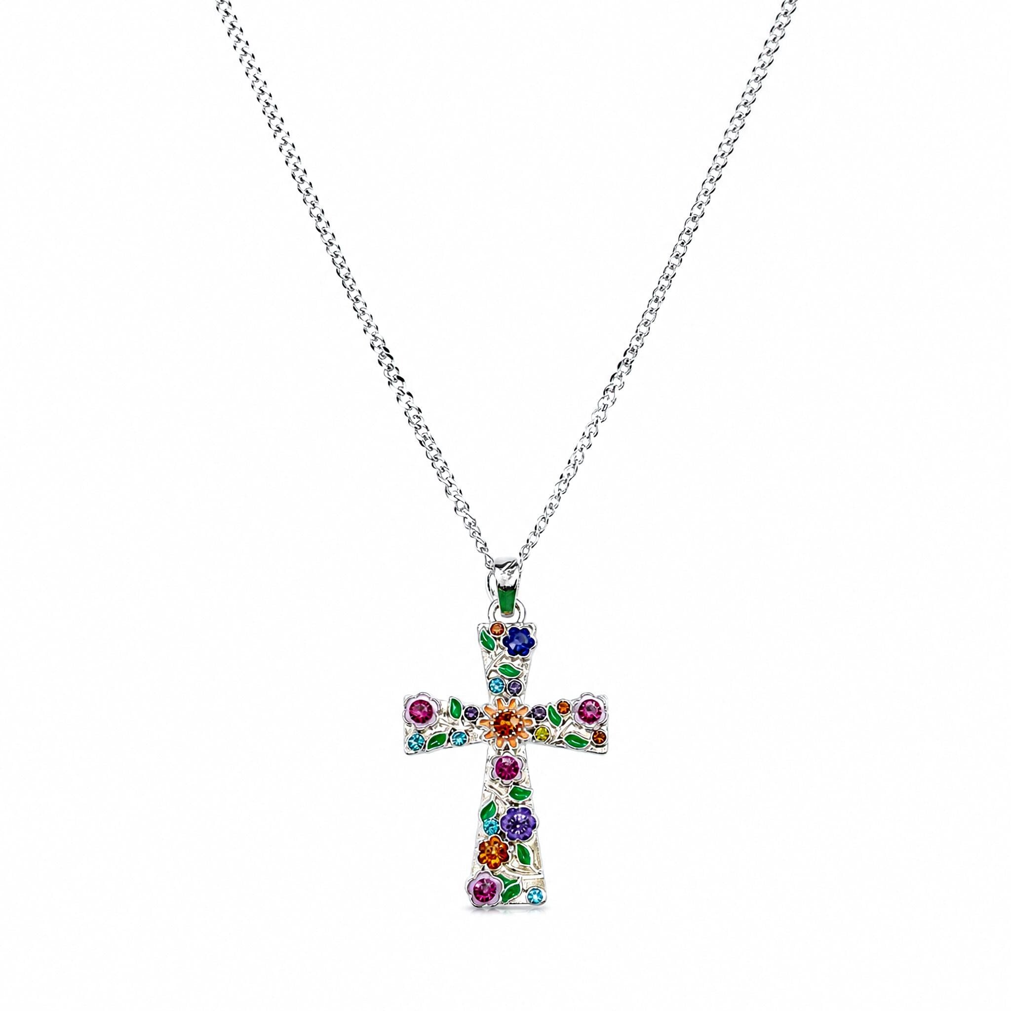 Enamel Floral Cross Necklace, Stainless Steel Garden Pendant, Colorful CZ Accents