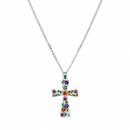 Enamel Floral Cross Necklace, Stainless Steel Garden Pendant, Colorful CZ Accents