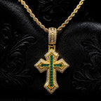 Gold Plated Stainless Steel Green CZ Cross Pendant Necklace, Hip Hop Gothic Jewelry