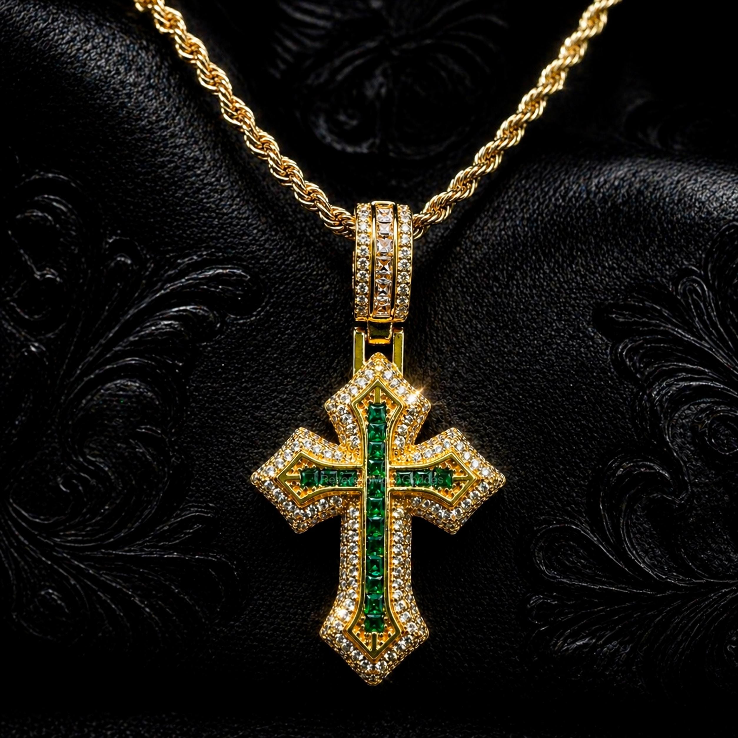 Gold Plated Stainless Steel Green CZ Cross Pendant Necklace, Hip Hop Gothic Jewelry