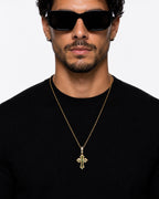 Gold Plated Stainless Steel Green CZ Cross Pendant Necklace, Hip Hop Gothic Jewelry